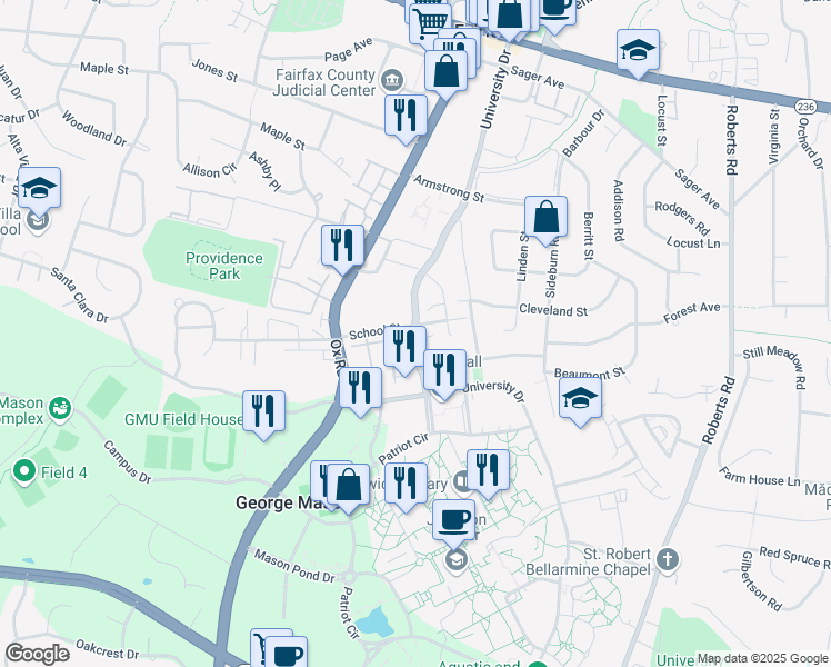 map of restaurants, bars, coffee shops, grocery stores, and more near George Mason Boulevard in Fairfax