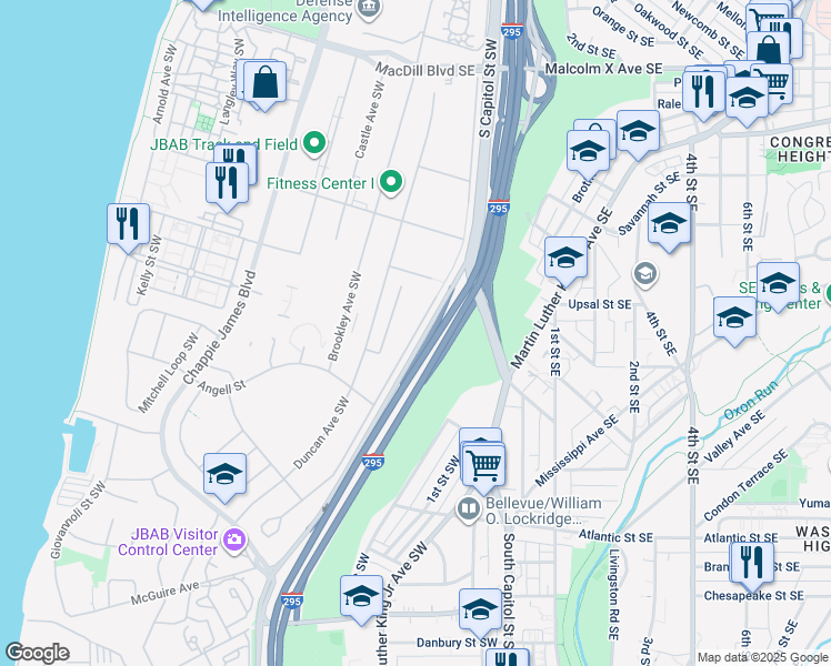 map of restaurants, bars, coffee shops, grocery stores, and more near Westover Avenue Southwest in Washington