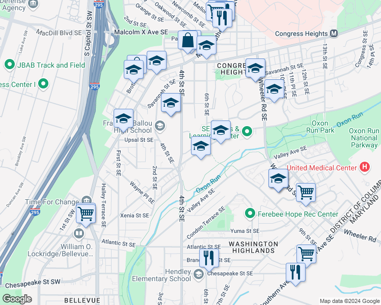map of restaurants, bars, coffee shops, grocery stores, and more near 460 Woodcrest Drive Southeast in Washington