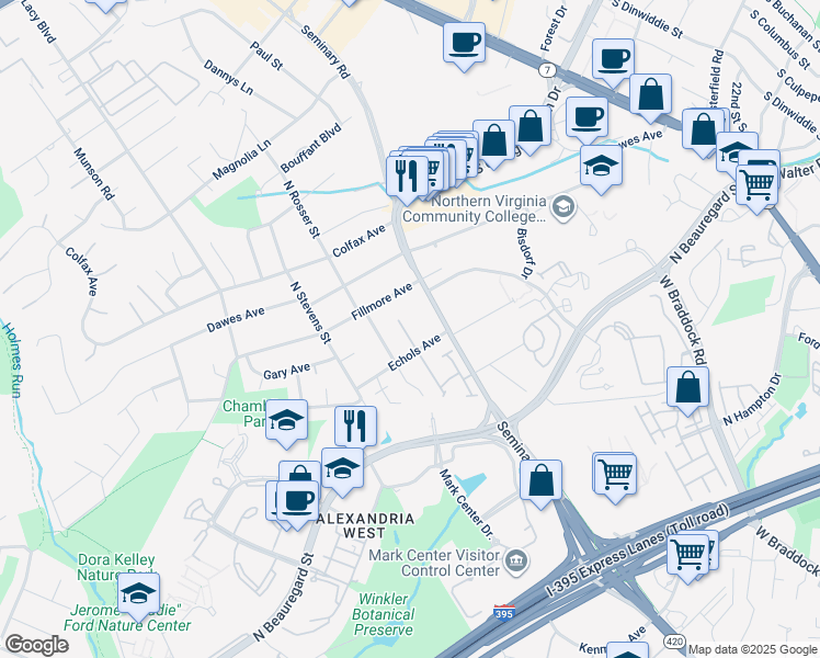 map of restaurants, bars, coffee shops, grocery stores, and more near 2707 Fairview Court in Alexandria
