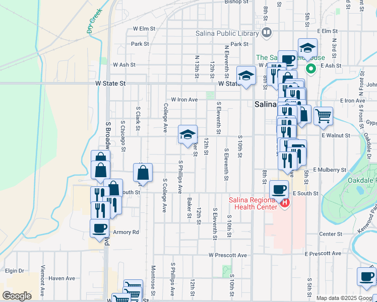 map of restaurants, bars, coffee shops, grocery stores, and more near 215 South Phillips Avenue in Salina