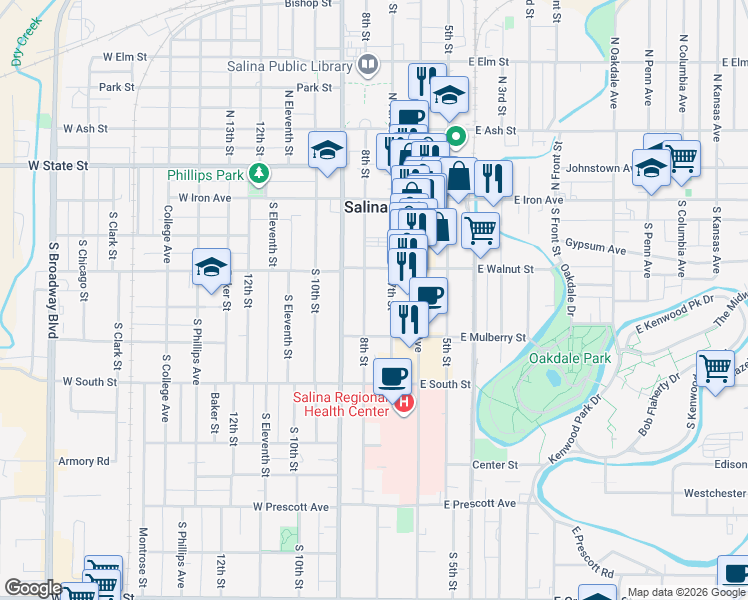 map of restaurants, bars, coffee shops, grocery stores, and more near 245 South 8th Street in Salina