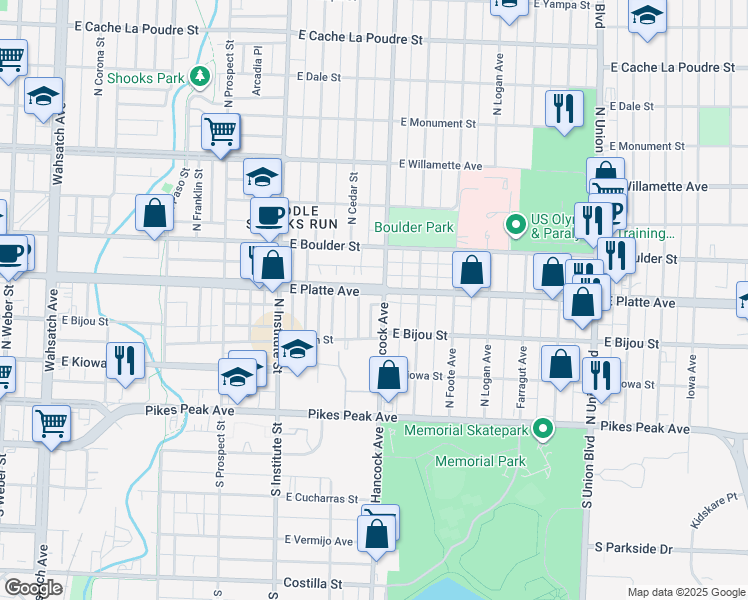 map of restaurants, bars, coffee shops, grocery stores, and more near 1137 East Platte Avenue in Colorado Springs