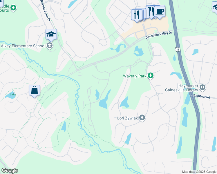 map of restaurants, bars, coffee shops, grocery stores, and more near 15451 Arnold Palmer Drive in Haymarket