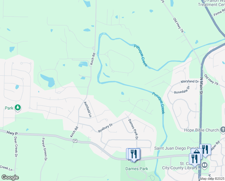 map of restaurants, bars, coffee shops, grocery stores, and more near 1600 Koch Road in O'Fallon