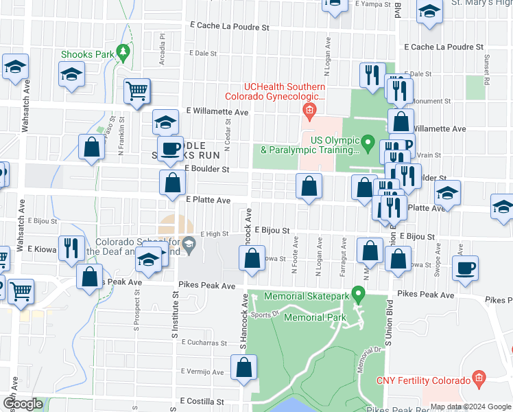 map of restaurants, bars, coffee shops, grocery stores, and more near 207 North Hancock Avenue in Colorado Springs
