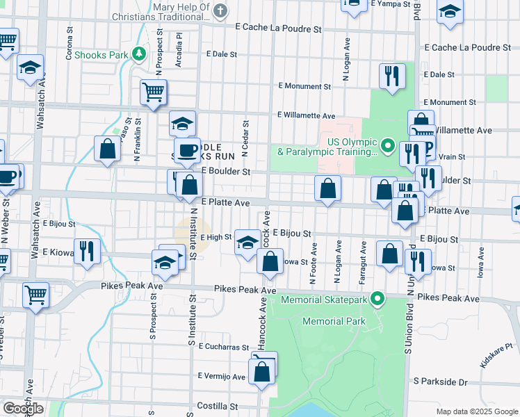 map of restaurants, bars, coffee shops, grocery stores, and more near 207 North Hancock Avenue in Colorado Springs