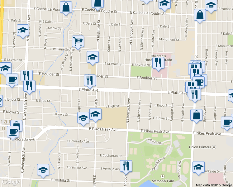 map of restaurants, bars, coffee shops, grocery stores, and more near 214 Willow Street in Colorado Springs