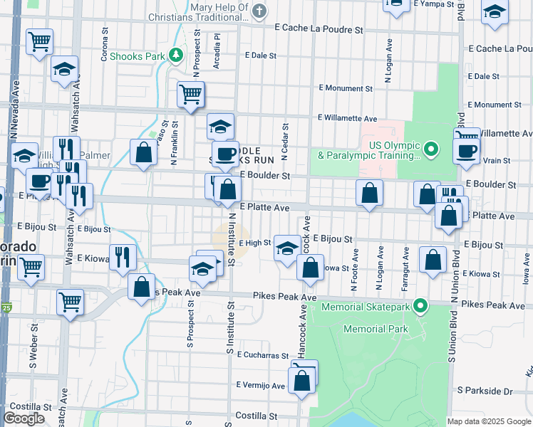map of restaurants, bars, coffee shops, grocery stores, and more near 219 Custer Avenue in Colorado Springs