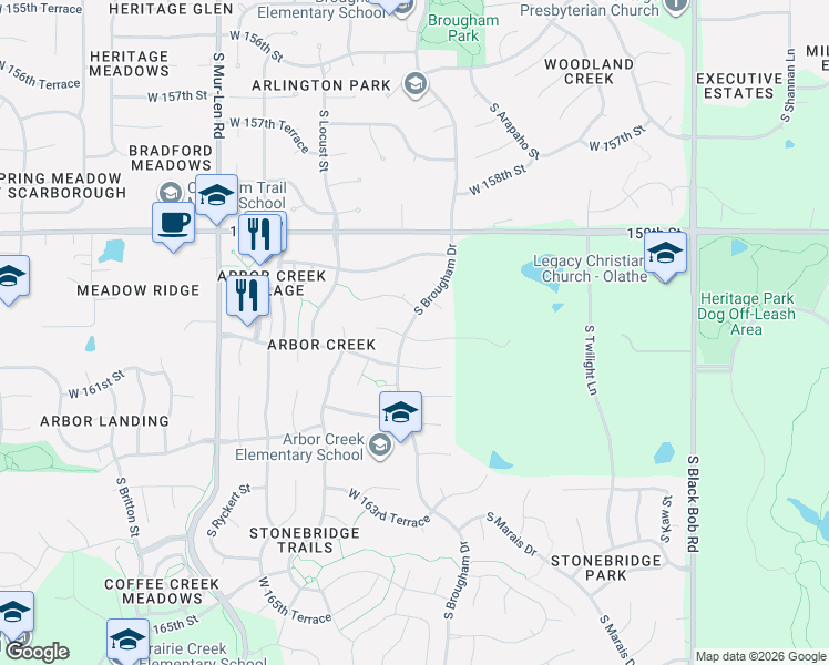 map of restaurants, bars, coffee shops, grocery stores, and more near 15920 West 161st Street in Olathe