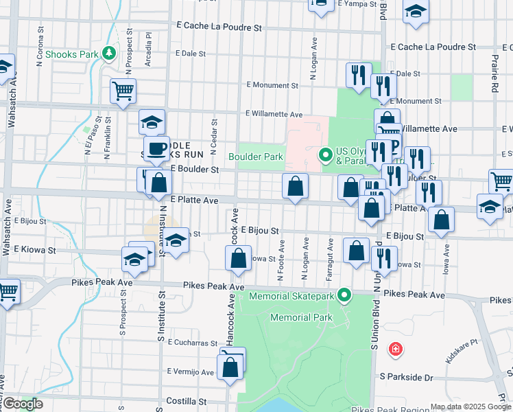 map of restaurants, bars, coffee shops, grocery stores, and more near 207 North Sheridan Avenue in Colorado Springs