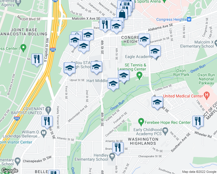 map of restaurants, bars, coffee shops, grocery stores, and more near 456 Woodcrest Drive Southeast in Washington