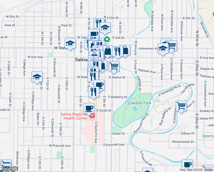 map of restaurants, bars, coffee shops, grocery stores, and more near 105 East Mulberry Street in Salina