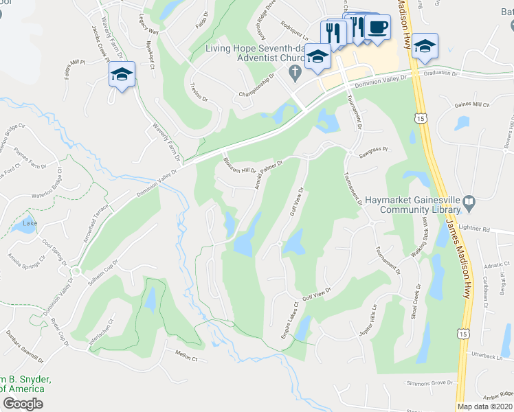 map of restaurants, bars, coffee shops, grocery stores, and more near 15451 Arnold Palmer Drive in Haymarket