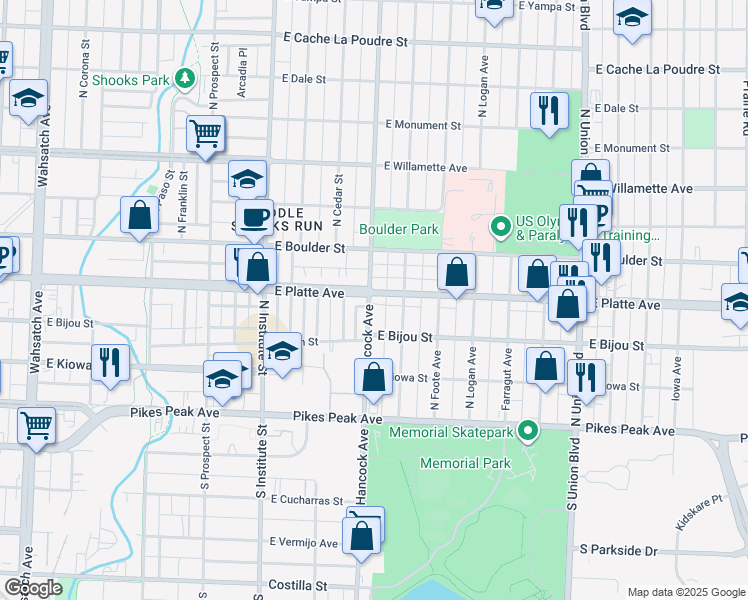map of restaurants, bars, coffee shops, grocery stores, and more near 229 North Hancock Avenue in Colorado Springs