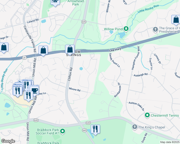 map of restaurants, bars, coffee shops, grocery stores, and more near 5418 Willow Valley Road in Clifton