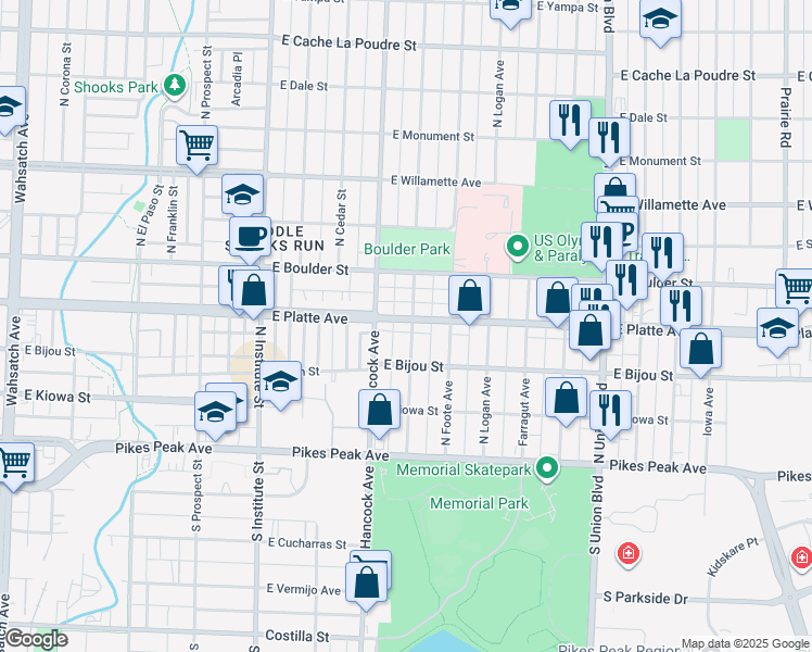 map of restaurants, bars, coffee shops, grocery stores, and more near 1225 East Platte Avenue in Colorado Springs