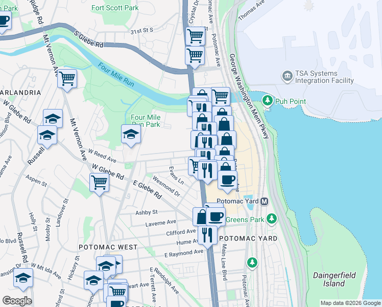 map of restaurants, bars, coffee shops, grocery stores, and more near 120 East Reed Avenue in Alexandria