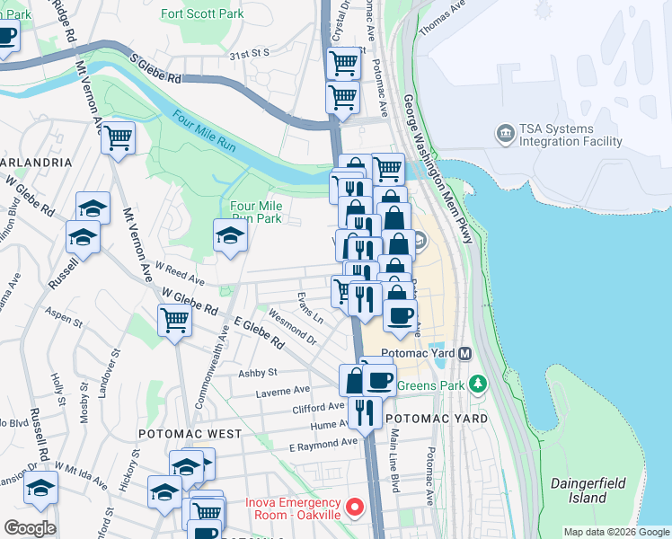 map of restaurants, bars, coffee shops, grocery stores, and more near 120 East Reed Avenue in Alexandria