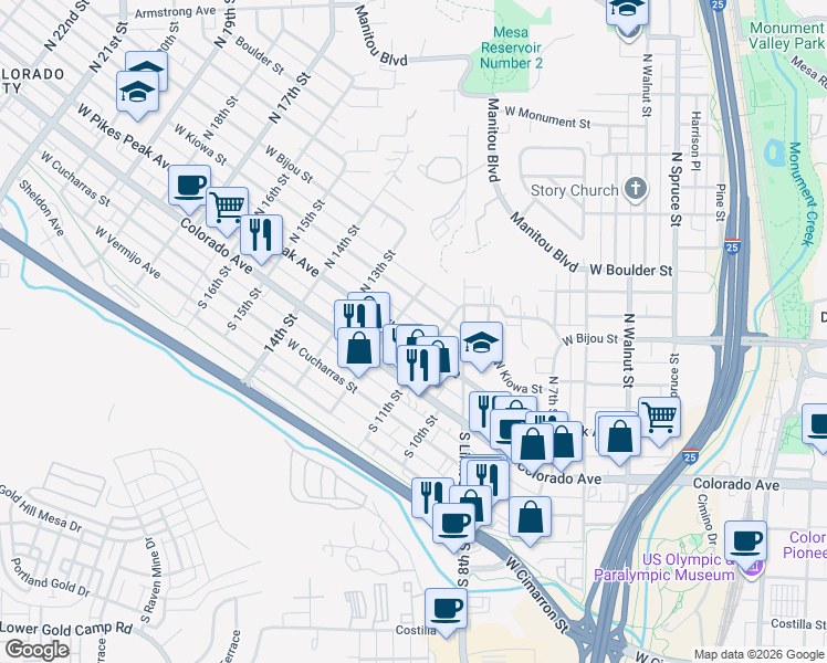 map of restaurants, bars, coffee shops, grocery stores, and more near 1118 West Pikes Peak Avenue in Colorado Springs