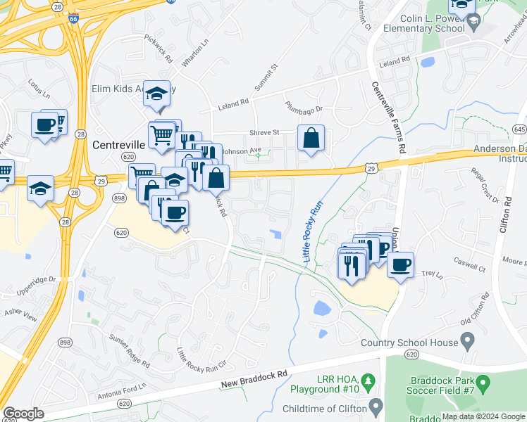 map of restaurants, bars, coffee shops, grocery stores, and more near 13652 Bent Tree Circle in Centreville