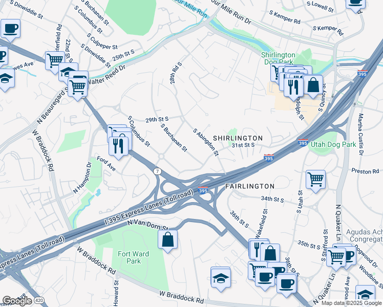 map of restaurants, bars, coffee shops, grocery stores, and more near 3057 South Buchanan Street in Arlington