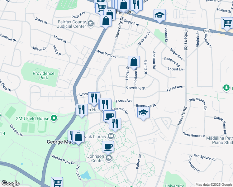 map of restaurants, bars, coffee shops, grocery stores, and more near 4231 University Drive in Fairfax