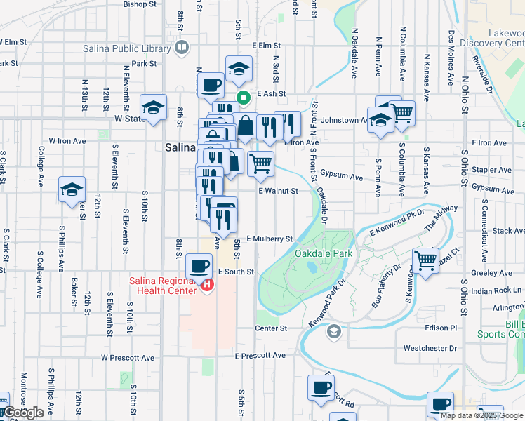 map of restaurants, bars, coffee shops, grocery stores, and more near 306 East Walnut Street in Salina