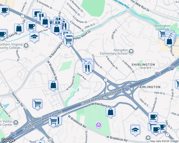 map of restaurants, bars, coffee shops, grocery stores, and more near 4999 29th Road South in Arlington