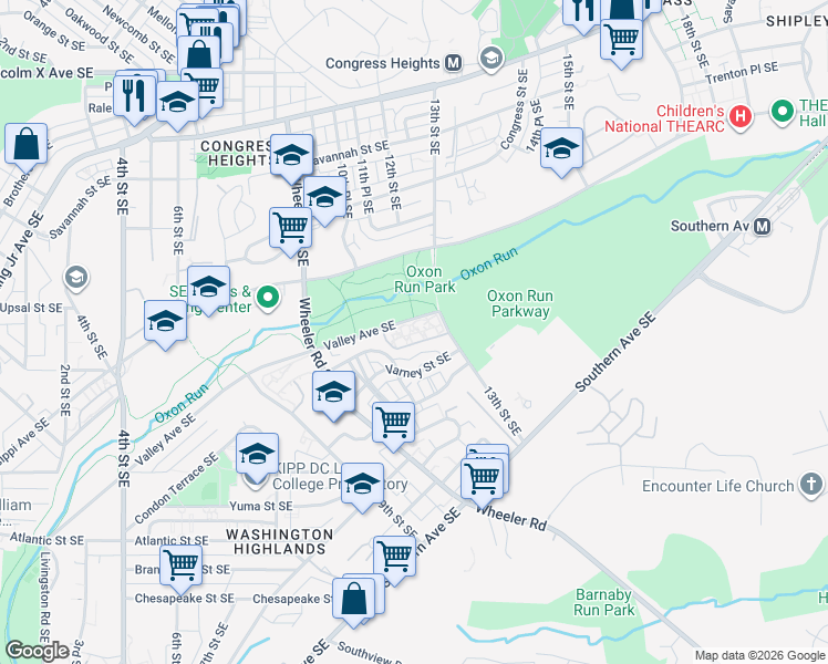 map of restaurants, bars, coffee shops, grocery stores, and more near 1217 Valley Avenue Southeast in Washington