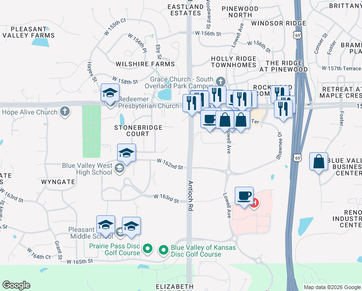 map of restaurants, bars, coffee shops, grocery stores, and more near 8809 West 160th Street in Overland Park