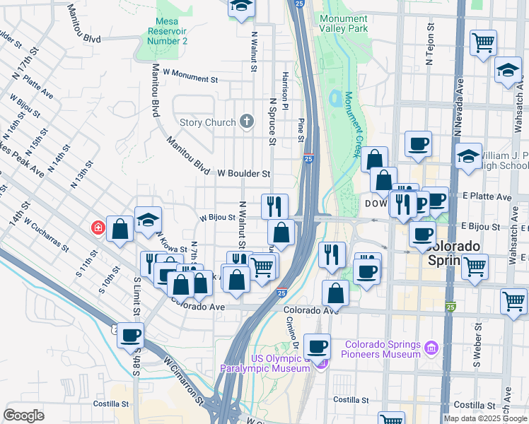 map of restaurants, bars, coffee shops, grocery stores, and more near 417 West Platte Avenue in Colorado Springs
