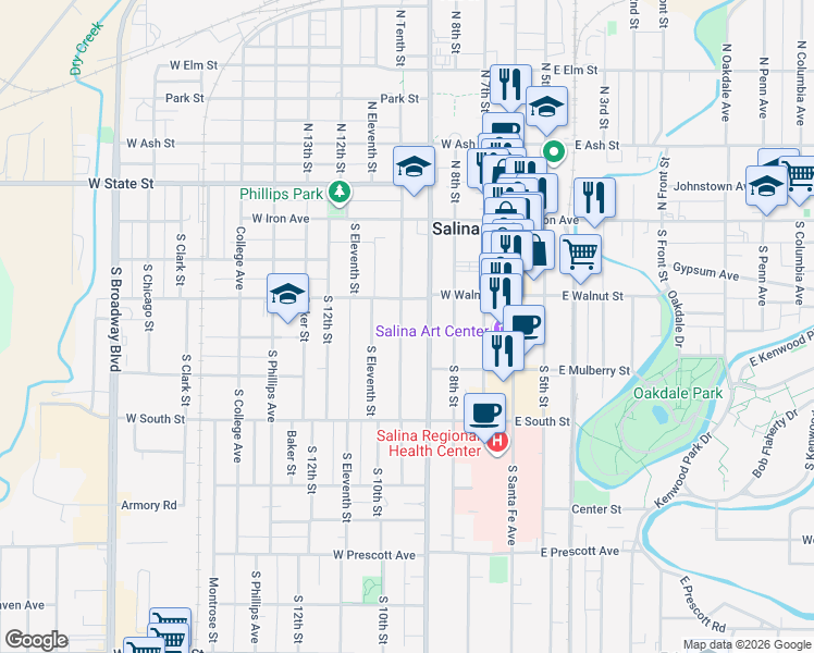 map of restaurants, bars, coffee shops, grocery stores, and more near 204 South 10th Street in Salina