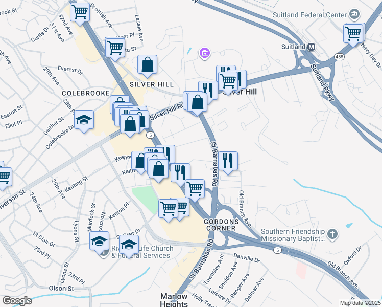 map of restaurants, bars, coffee shops, grocery stores, and more near 3859 Saint Barnabas Road in Hillcrest Heights