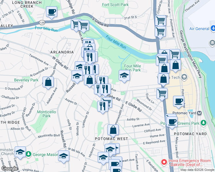 map of restaurants, bars, coffee shops, grocery stores, and more near 137 West Reed Avenue in Alexandria