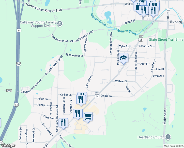 map of restaurants, bars, coffee shops, grocery stores, and more near 601 Churchill Road in Fulton
