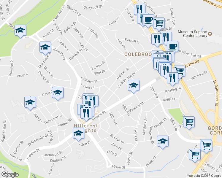 map of restaurants, bars, coffee shops, grocery stores, and more near 2501 Gaither Street in Temple Hills