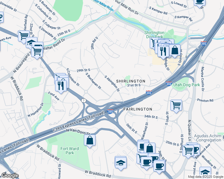 map of restaurants, bars, coffee shops, grocery stores, and more near 4715 31st Street South in Arlington