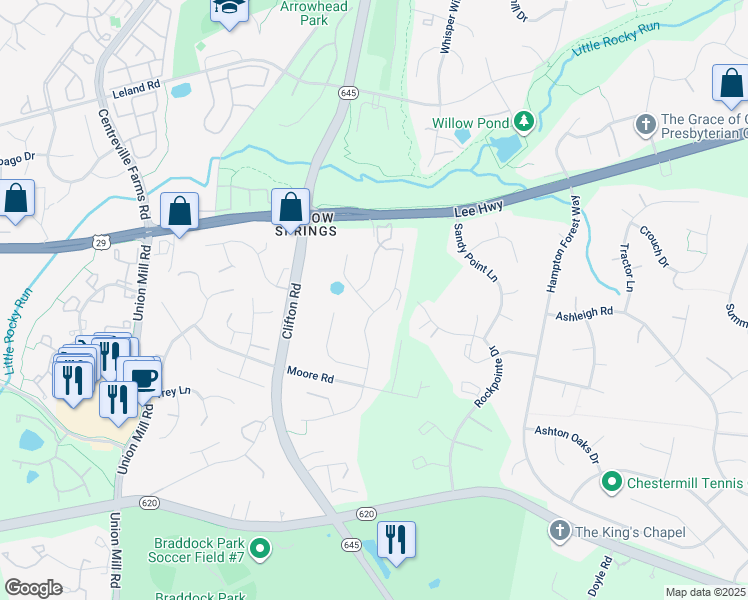 map of restaurants, bars, coffee shops, grocery stores, and more near 5418 Willow Valley Road in Clifton