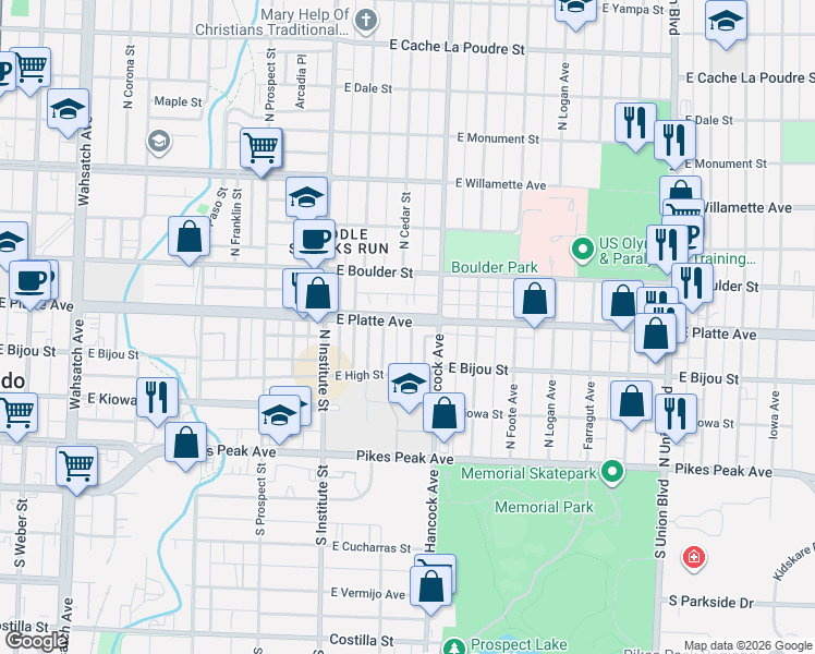 map of restaurants, bars, coffee shops, grocery stores, and more near 1040 East Platte Avenue in Colorado Springs