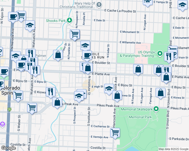 map of restaurants, bars, coffee shops, grocery stores, and more near 1006 East Platte Avenue in Colorado Springs