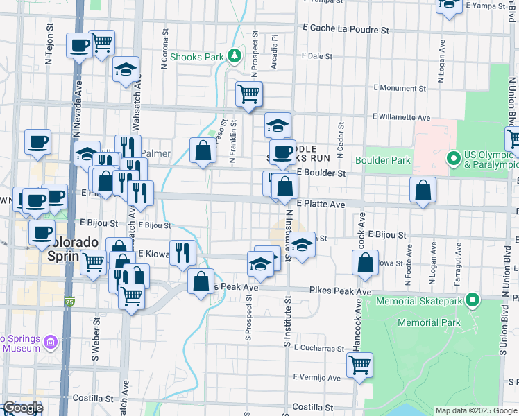 map of restaurants, bars, coffee shops, grocery stores, and more near 820 East Platte Avenue in Colorado Springs