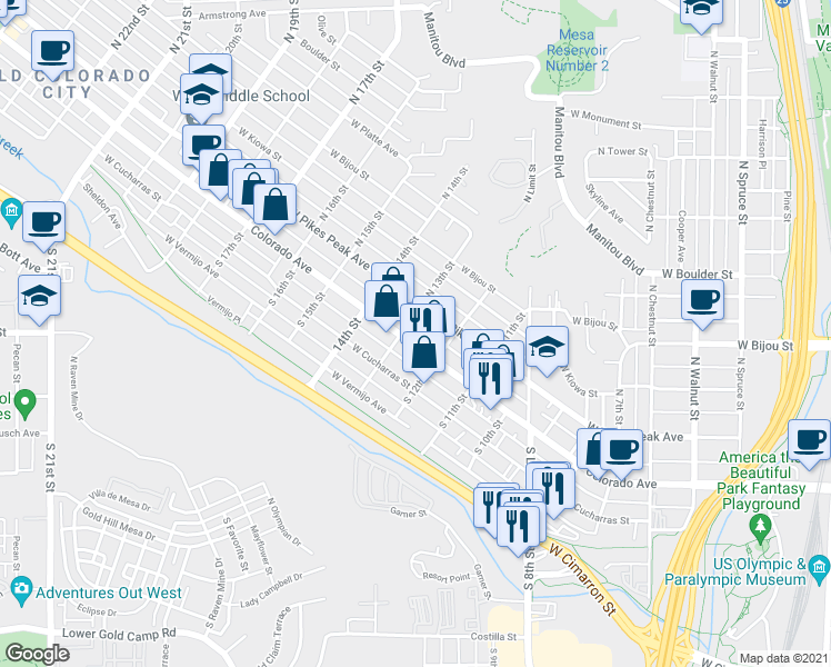 map of restaurants, bars, coffee shops, grocery stores, and more near 1308 Colorado Avenue in Colorado Springs