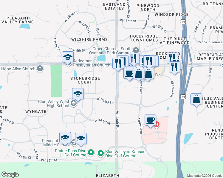 map of restaurants, bars, coffee shops, grocery stores, and more near 8809 West 160th Street in Overland Park
