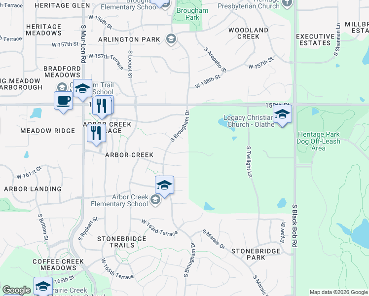 map of restaurants, bars, coffee shops, grocery stores, and more near 15933 West 160th Street in Olathe