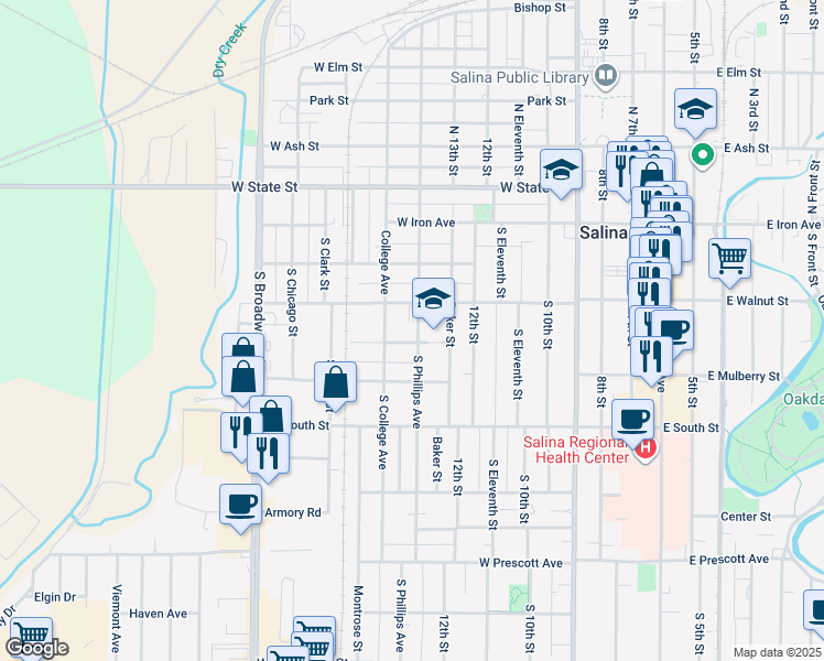 map of restaurants, bars, coffee shops, grocery stores, and more near 201-299 South Phillips Street in Salina