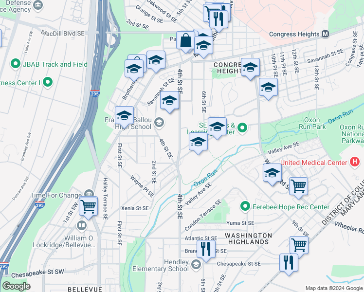 map of restaurants, bars, coffee shops, grocery stores, and more near 443 Woodcrest Drive Southeast in Washington
