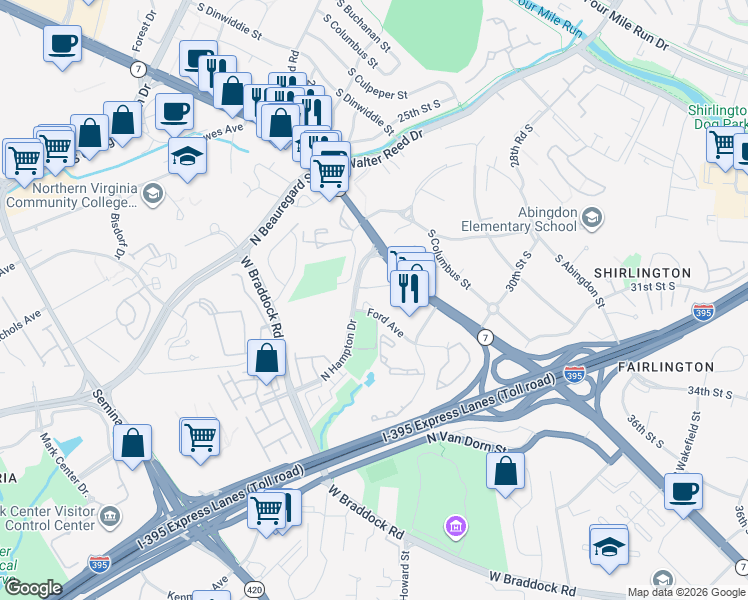 map of restaurants, bars, coffee shops, grocery stores, and more near 4501 Ford Avenue in Alexandria