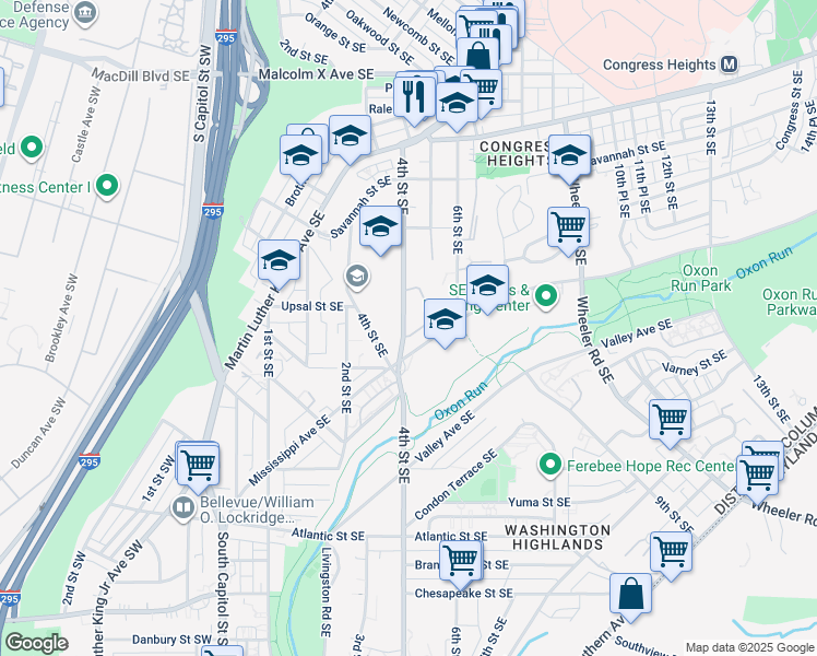 map of restaurants, bars, coffee shops, grocery stores, and more near 443 Woodcrest Drive Southeast in Washington
