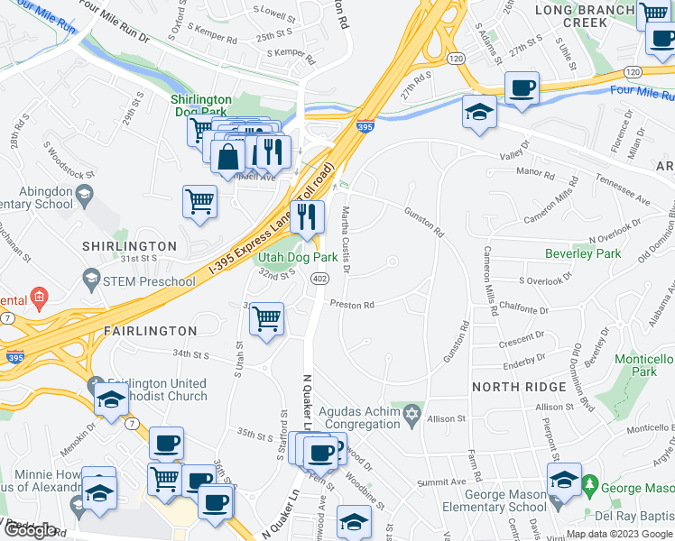 map of restaurants, bars, coffee shops, grocery stores, and more near 3452 Martha Custis Drive in Alexandria